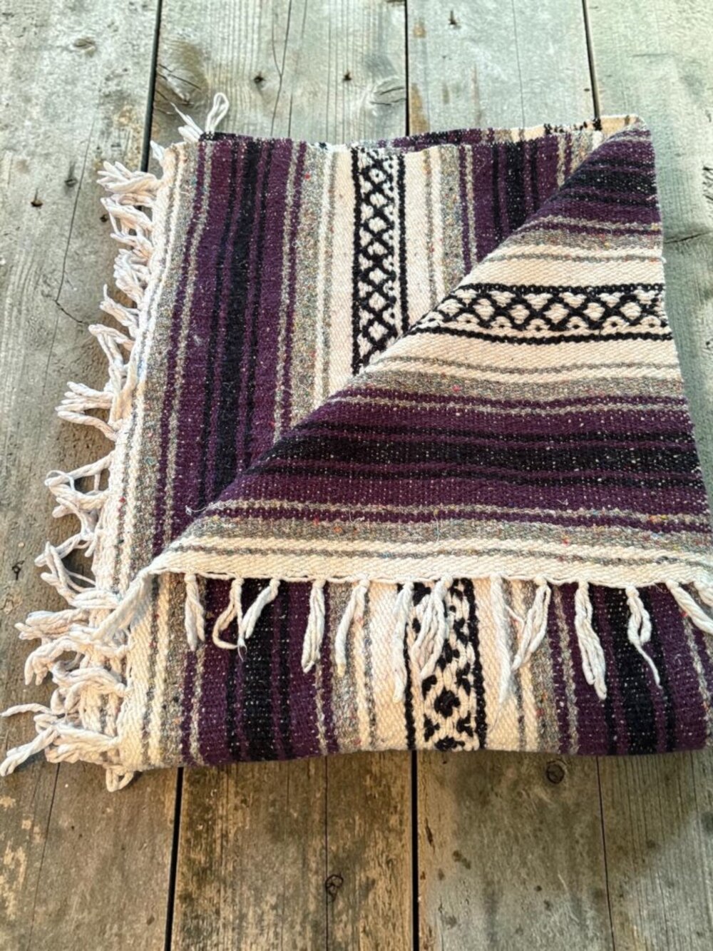 Mexican Serape Blanket Rug With Fringe Purple & Cream Stripes 43" X 66"